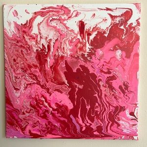 16x16 Red white and pink acrylic pour painting. Done by Jonathan Seymour.